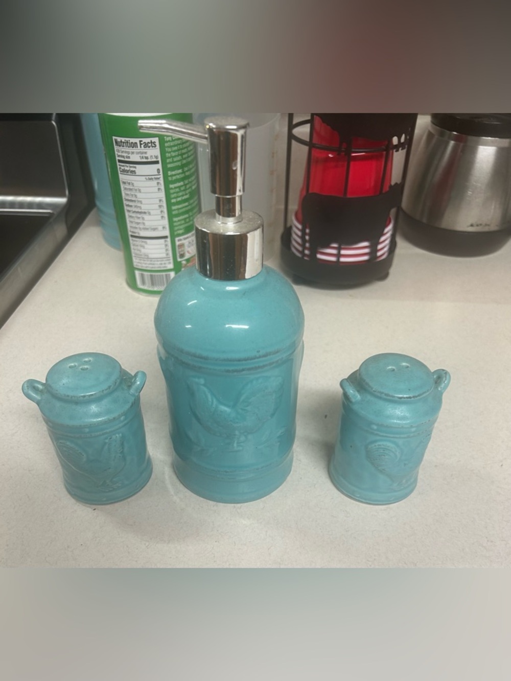 Rooster themed salt and pepper and soap container